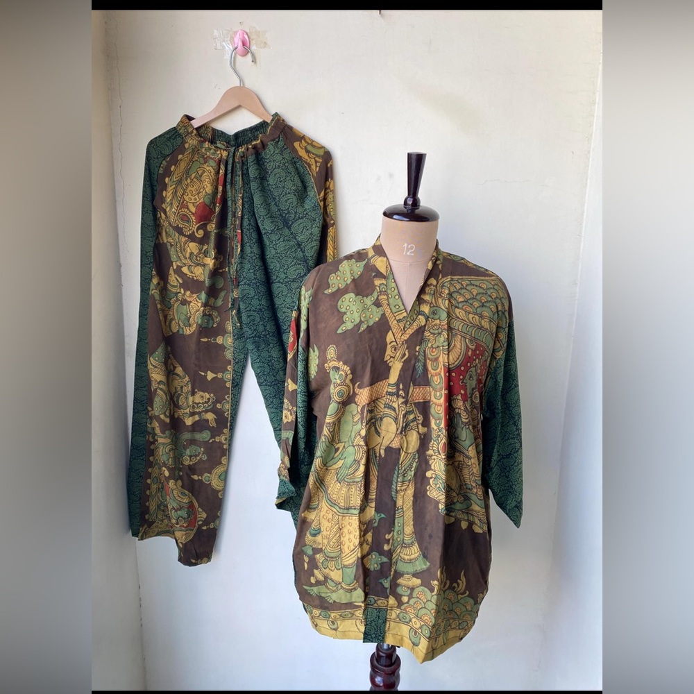 New Kimono Pant Set from Recycled Silk Saris Rich Green & Brown Free size